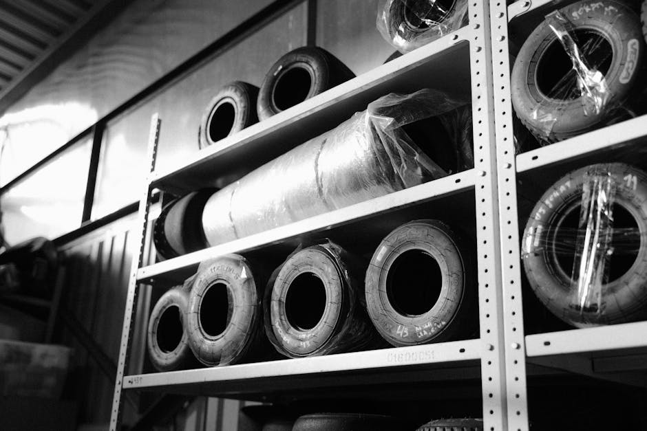Tires stacked on warehouse racks